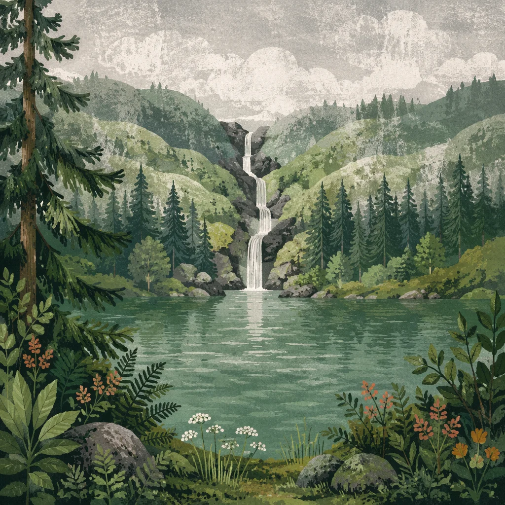 Misty Evergreen Waterfall in Forest Valley