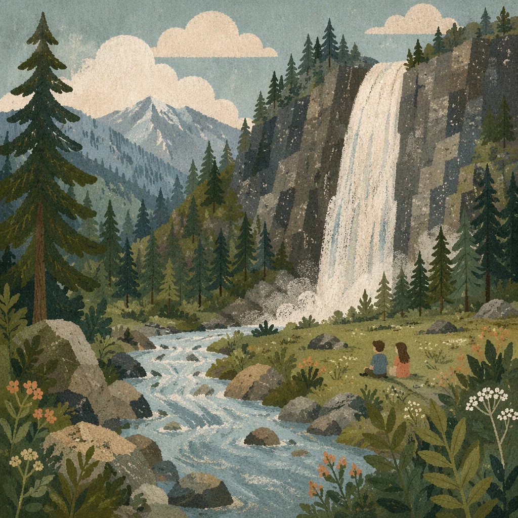 Evergreen Waterfall Valley with Glacial River