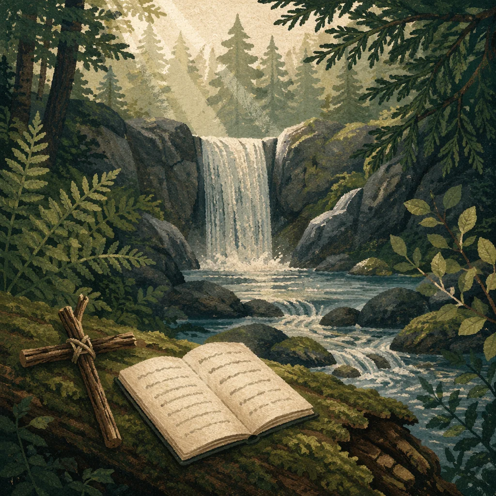 Evergreen Forest Waterfall Prayer Cross