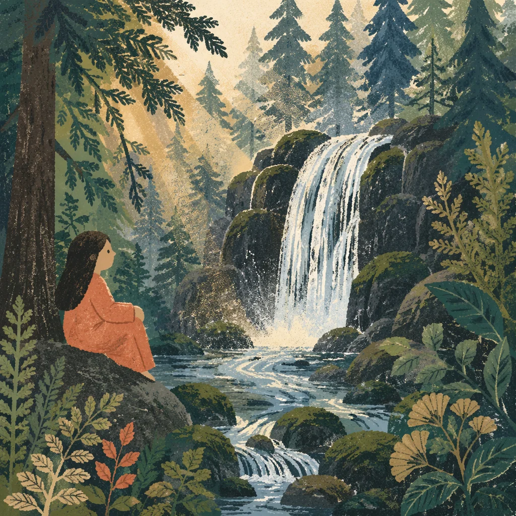 Evergreen Forest Waterfall with Morning Mist