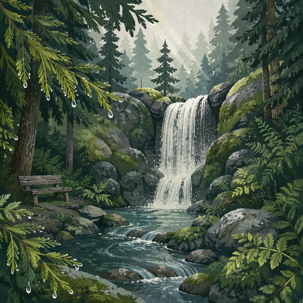 Evergreen Forest Waterfall in Morning Mist