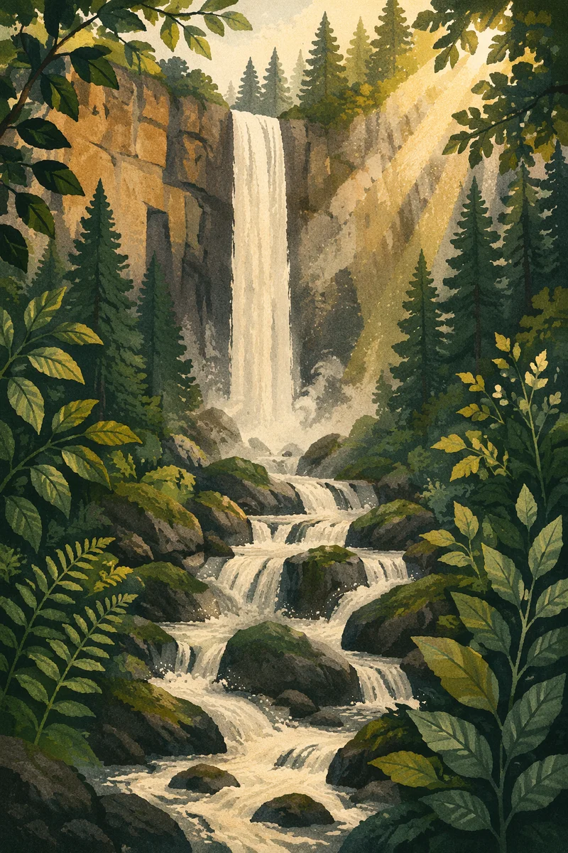 Evergreen Forest Waterfall in Morning Light