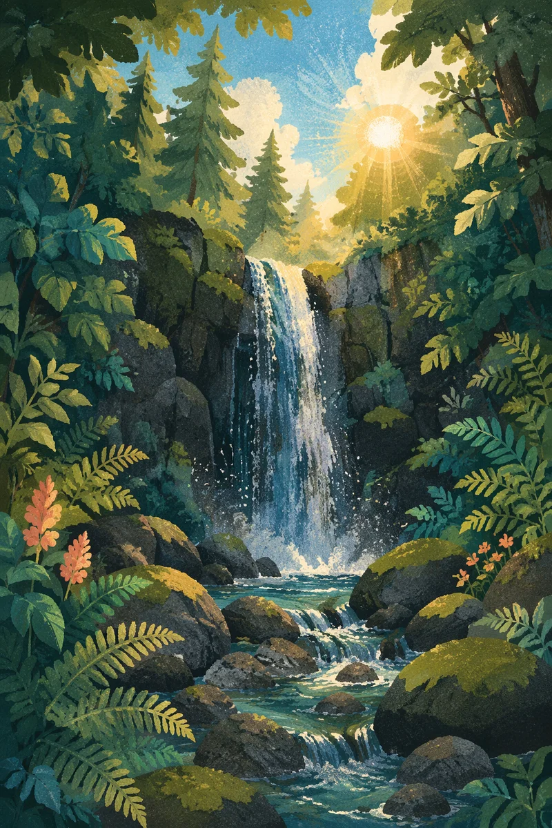 Secluded Evergreen Waterfall with Sunlit Forest Canopy