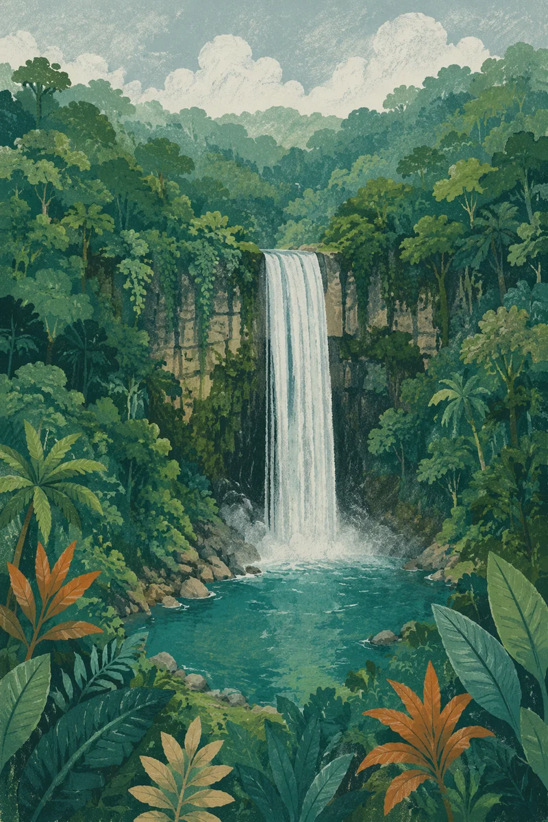 Evergreen Rainforest Waterfall Over Turquoise Pool