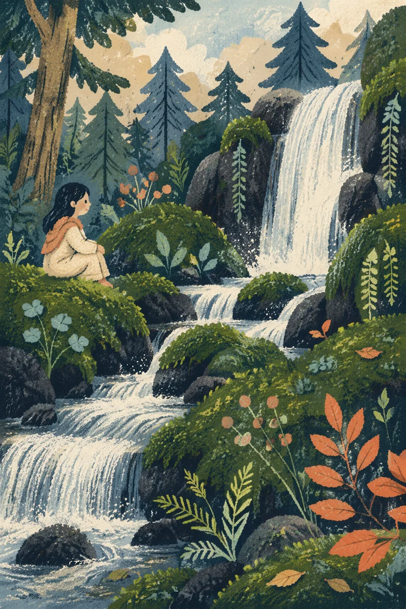 Evergreen Forest Waterfall with Emerald Moss