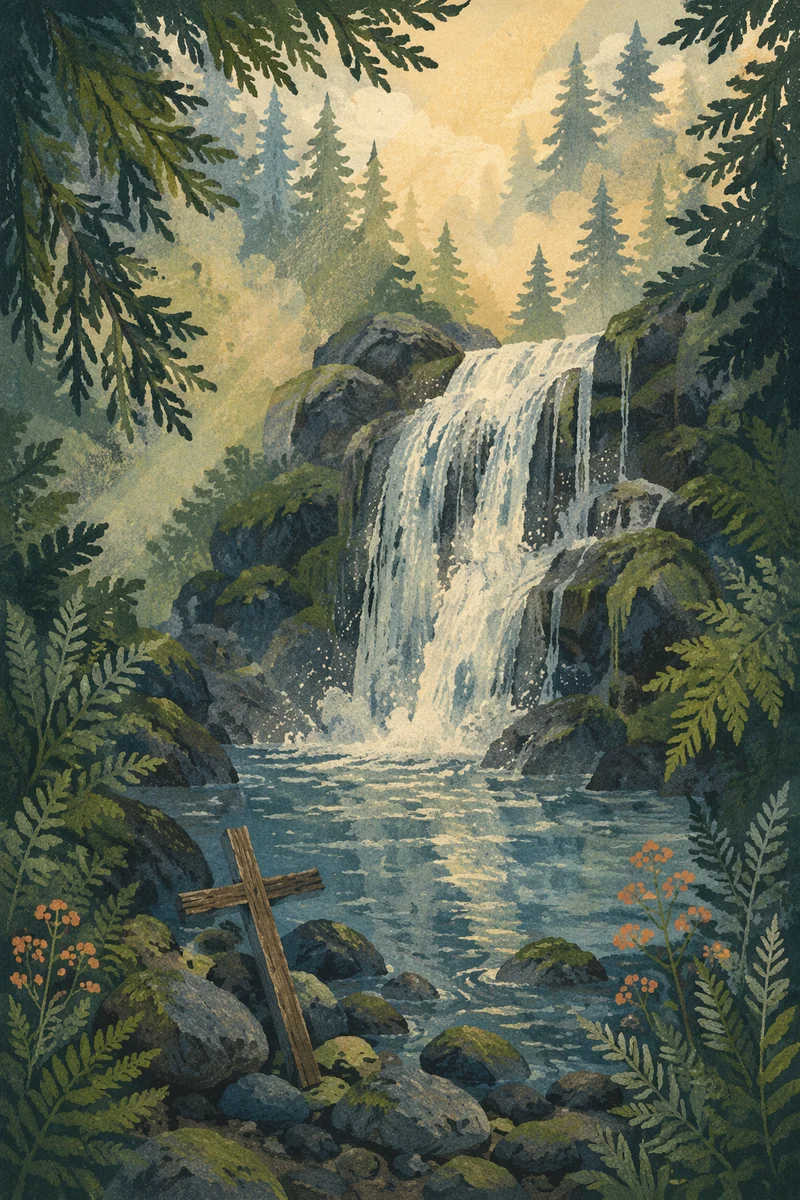 Hidden Evergreen Waterfall With Wooden Cross