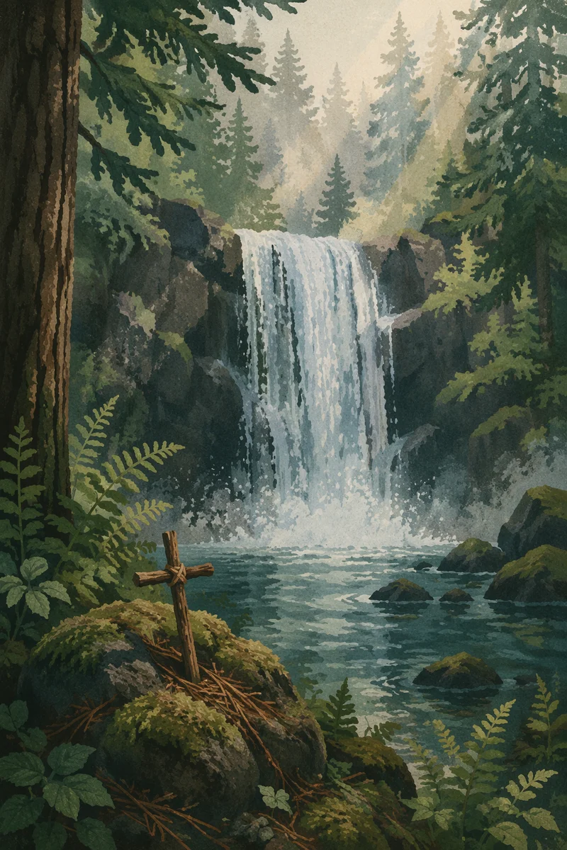 Evergreen Forest Waterfall with Wooden Cross