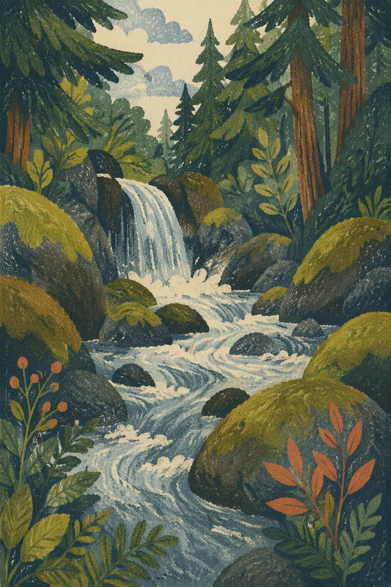 Evergreen Forest Waterfall with Mossy Stones