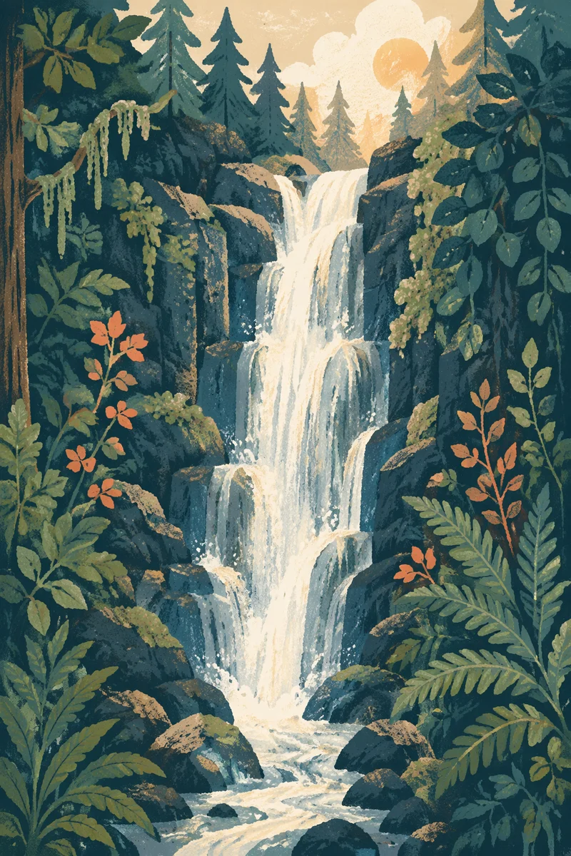 Serene Waterfall in Evergreen Forest