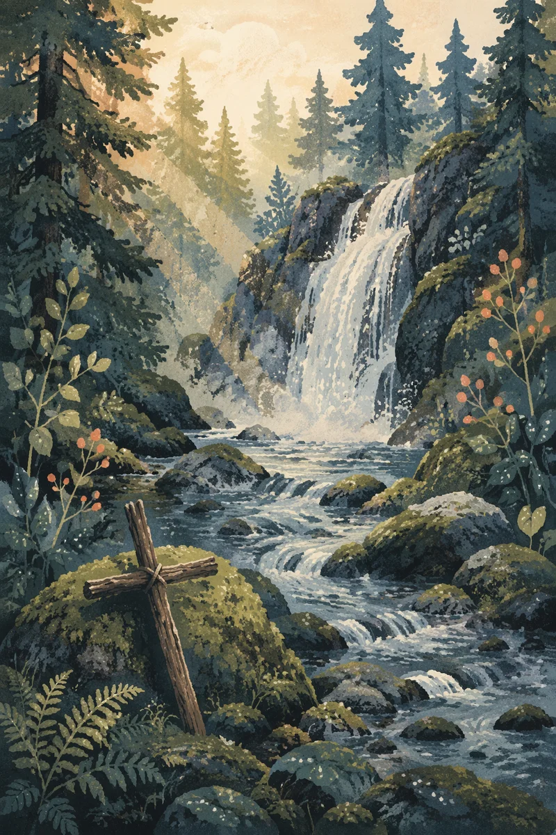 Evergreen Waterfall With Humble Wooden Cross