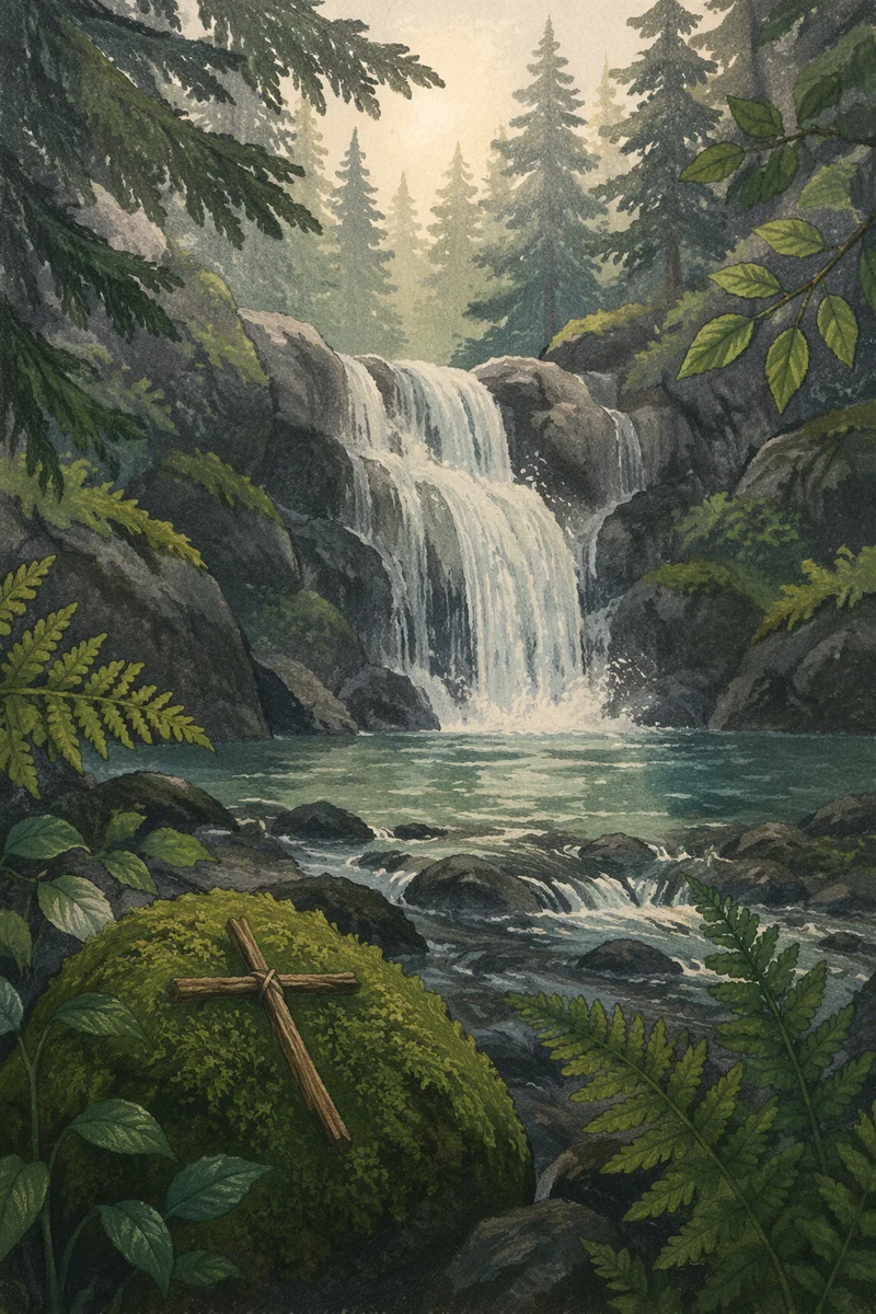 Evergreen Waterfall with Quiet Twig Cross