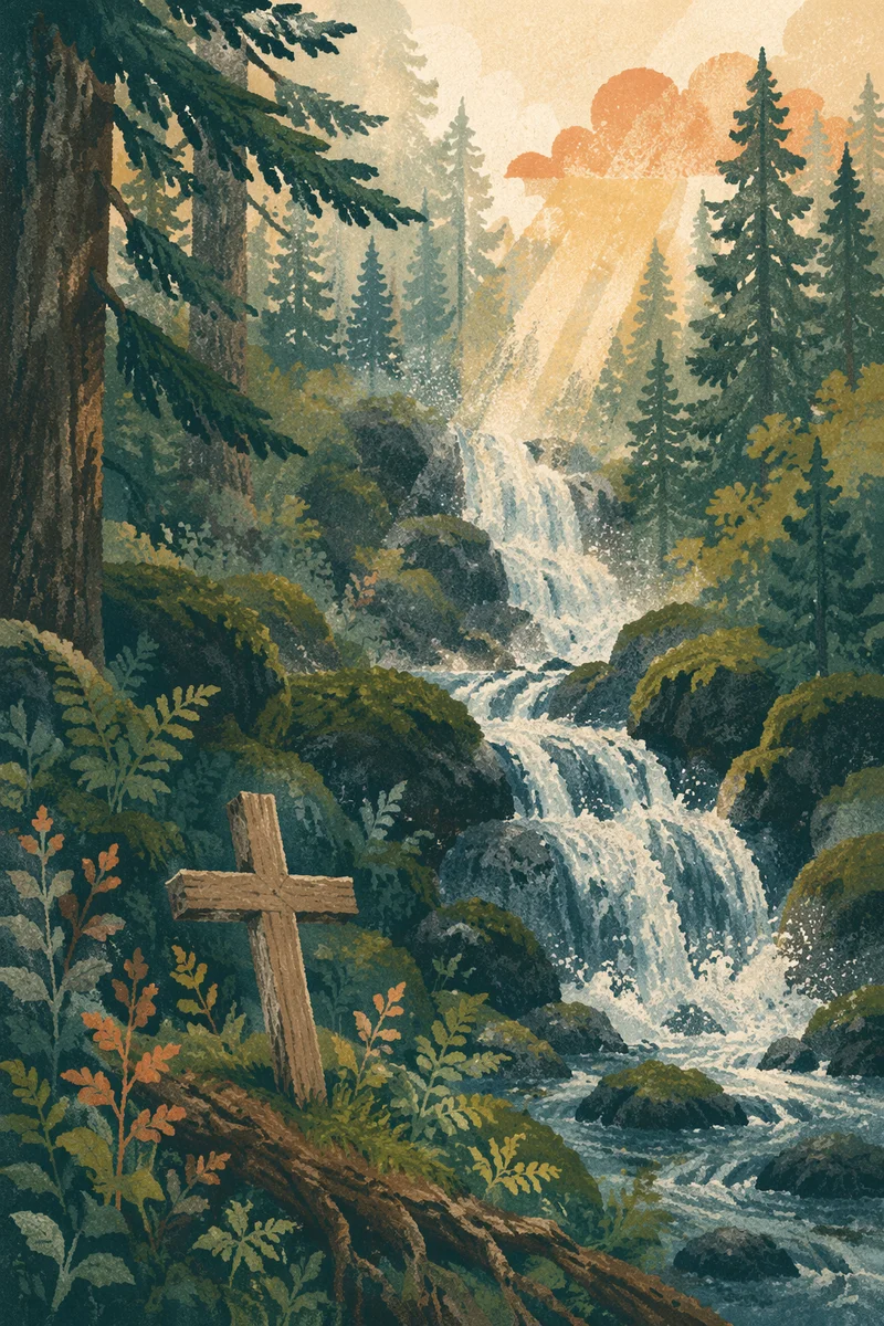 Evergreen Forest Waterfall with Wooden Cross