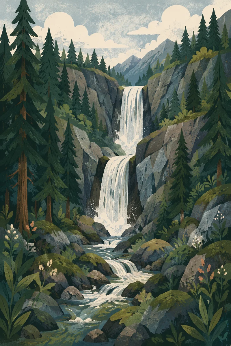 Evergreen Forest Waterfall in Mountain Ravine