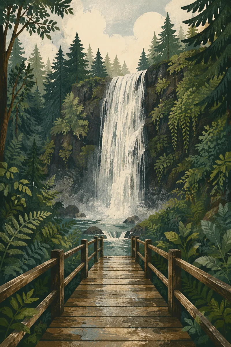 Evergreen Forest Waterfall with Wooden Footbridge