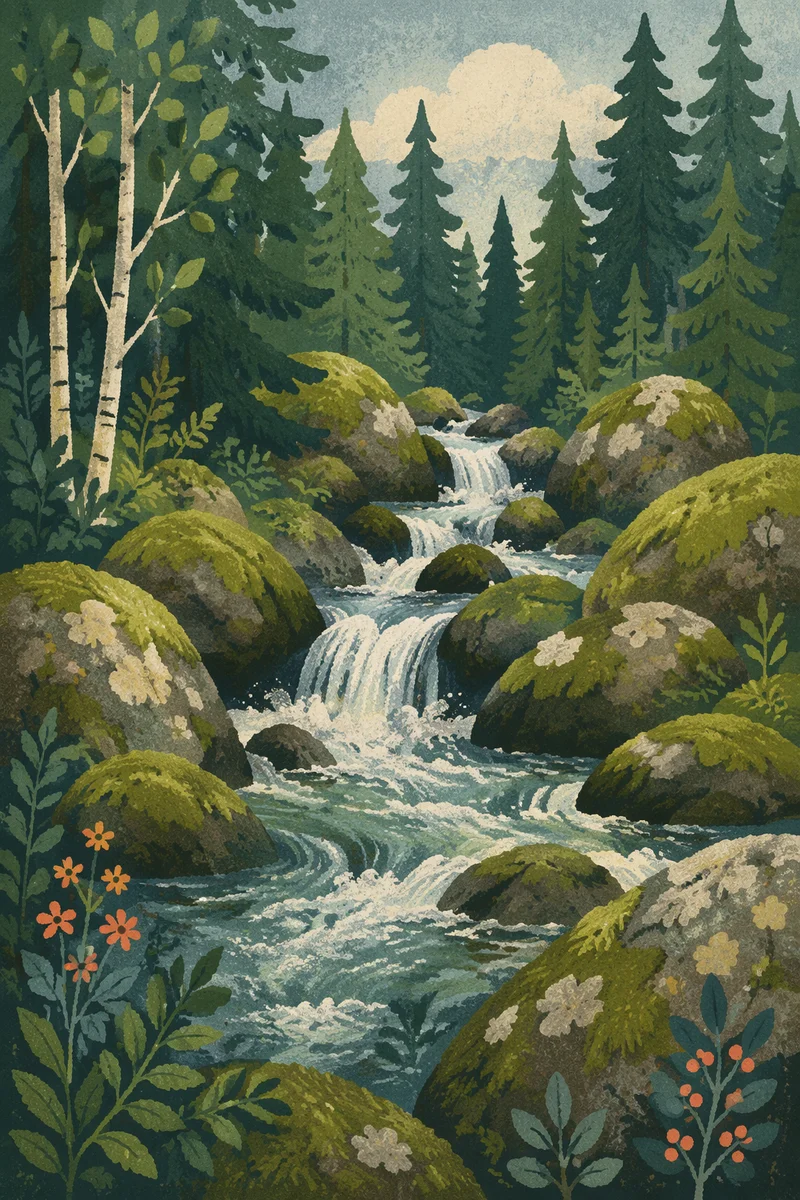 Evergreen Forest Waterfall with Mossy Boulders