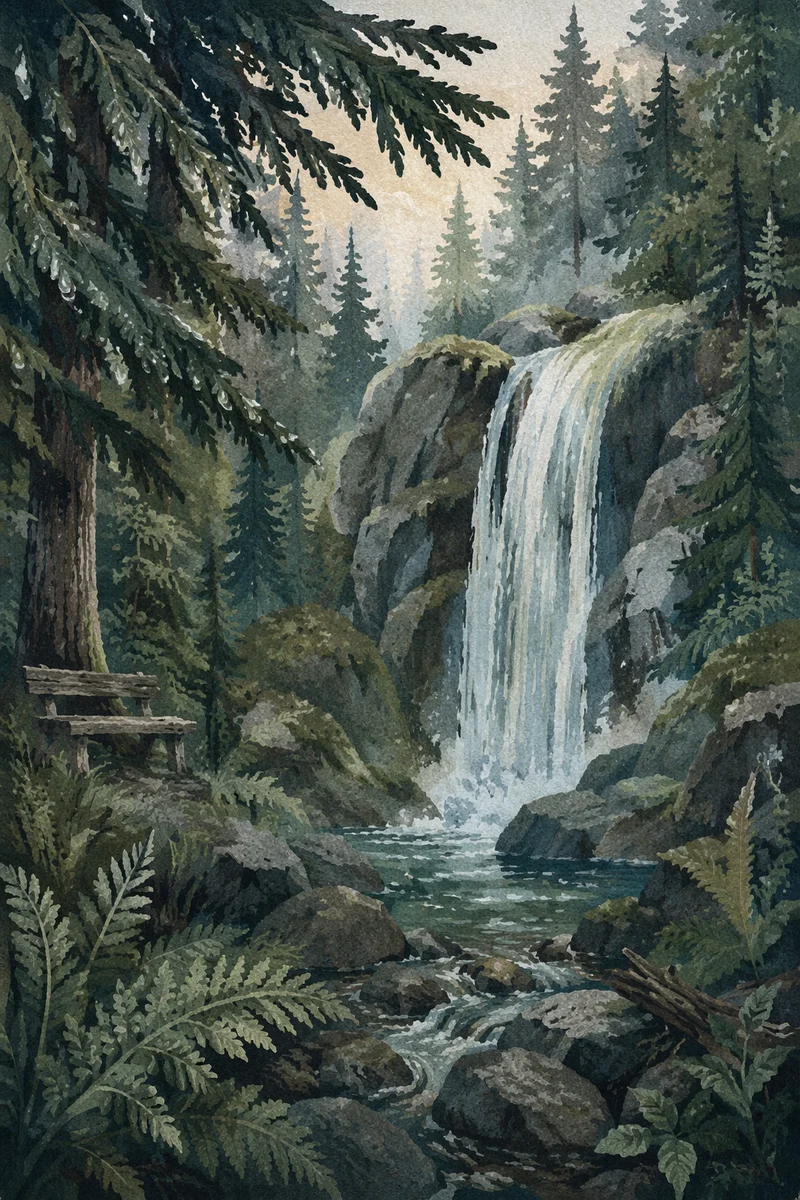 Secluded Evergreen Waterfall in Morning Mist