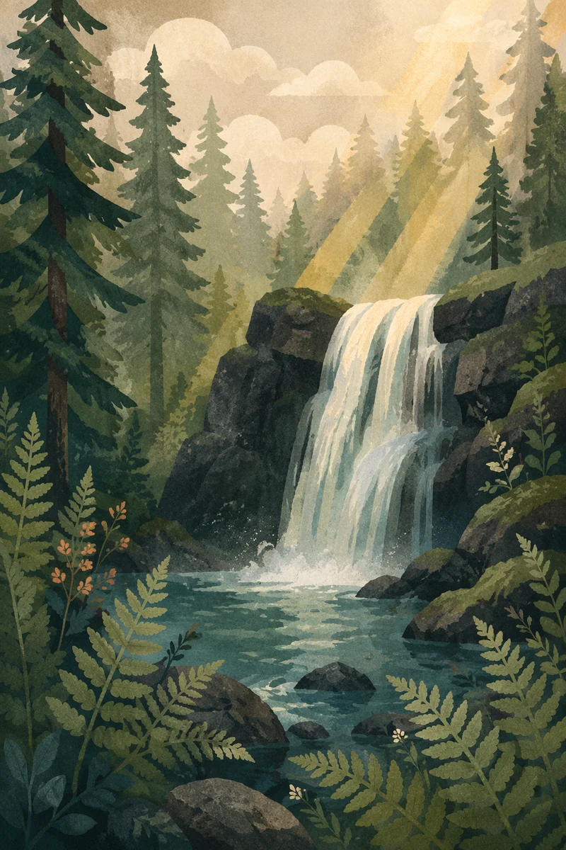 Evergreen Forest Waterfall of Renewal