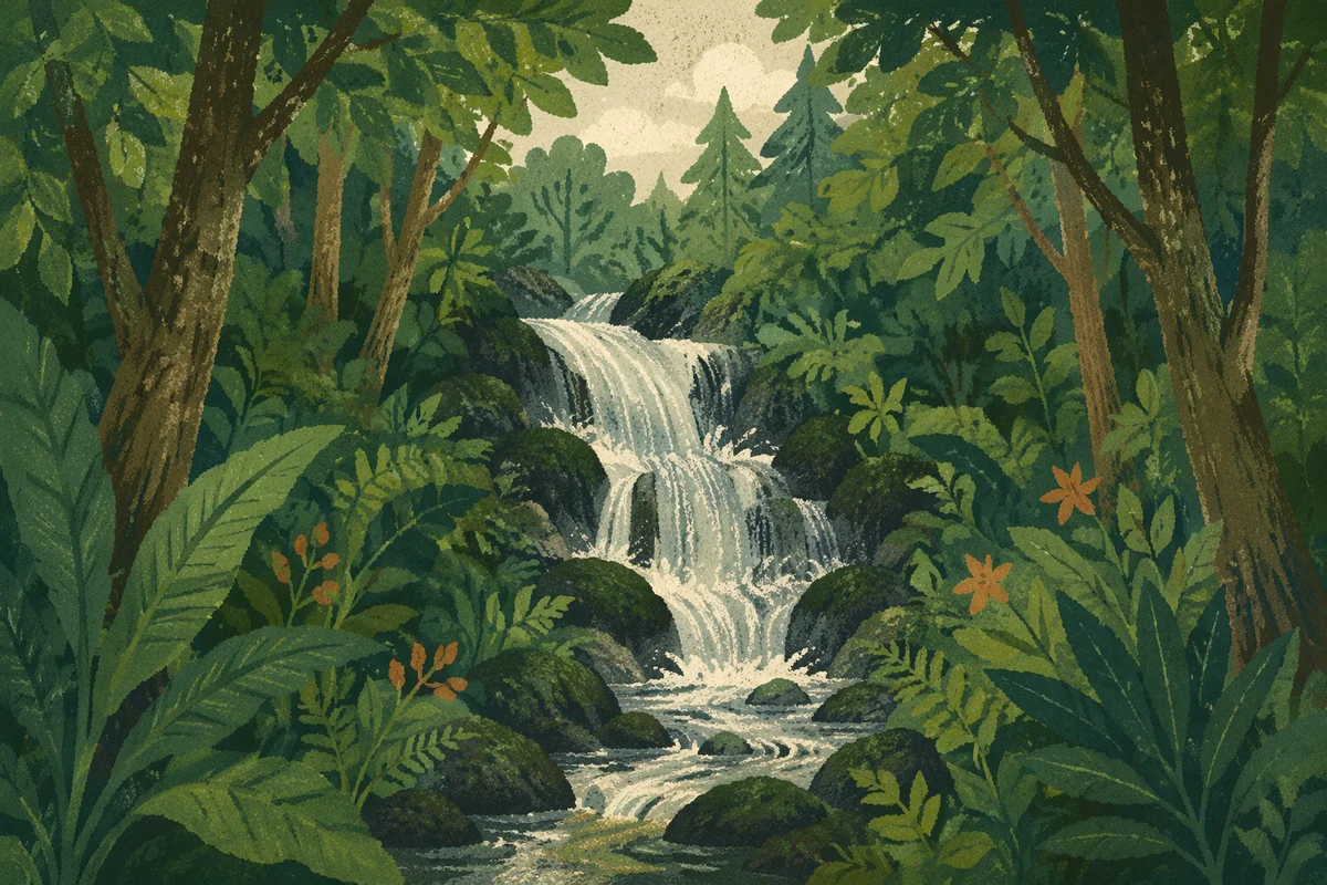 Hidden Waterfall in Evergreen Forest