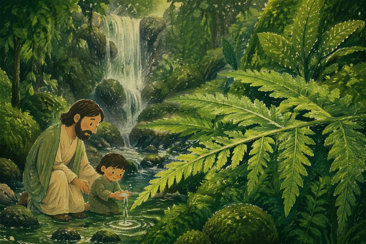 Misty Evergreen Waterfall Behind Ferns