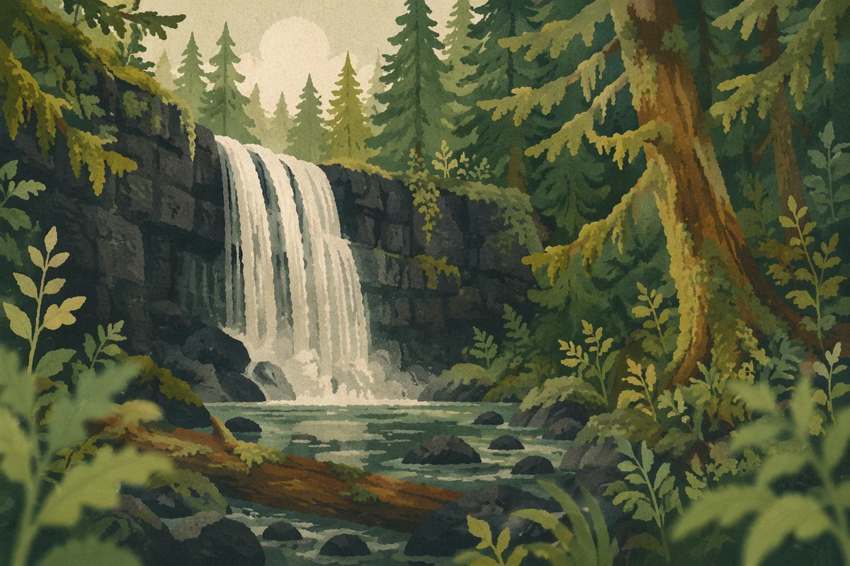 Secluded Evergreen Waterfall in Lush Forest