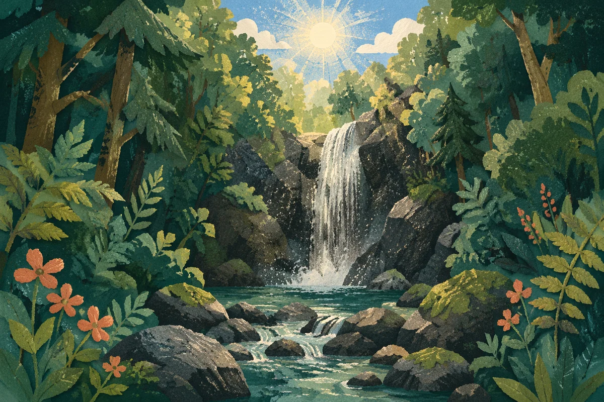 Evergreen Forest Waterfall in Golden Sunlight