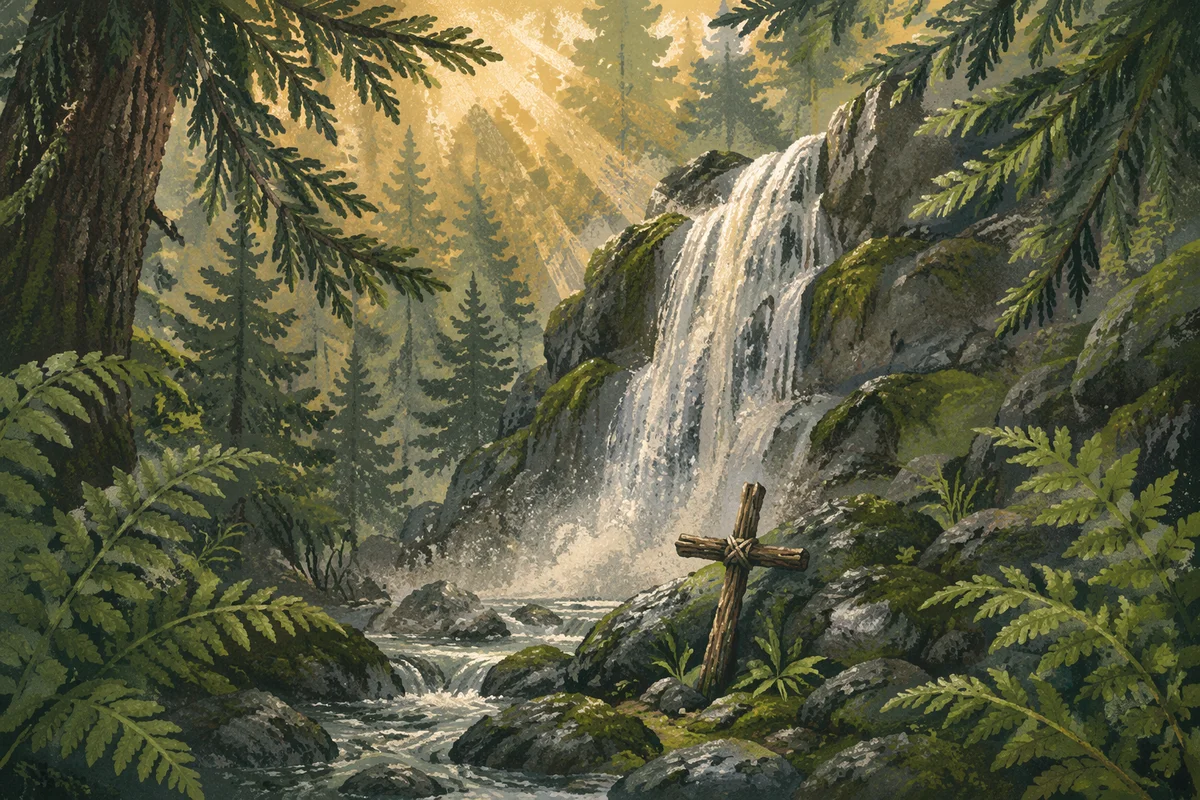 Evergreen Forest Waterfall with Rustic Cross