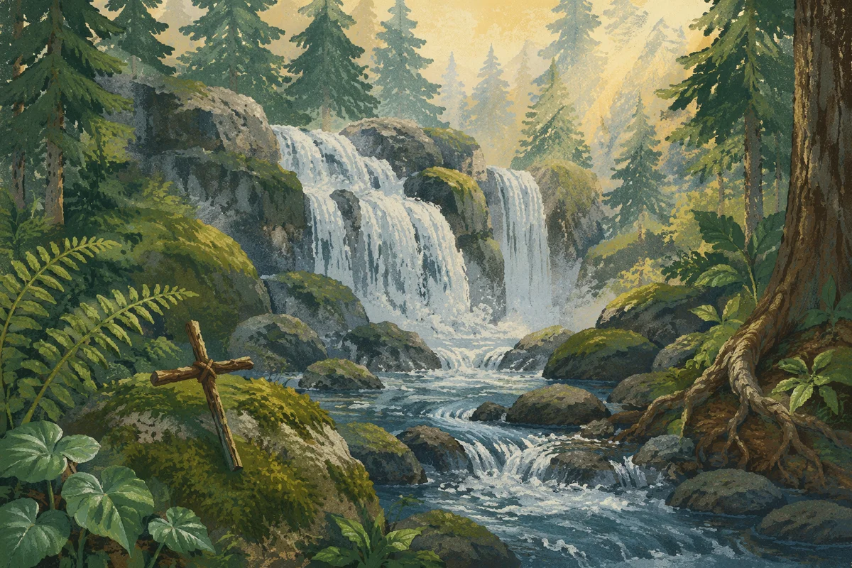 Evergreen Forest Waterfall with Rustic Cross