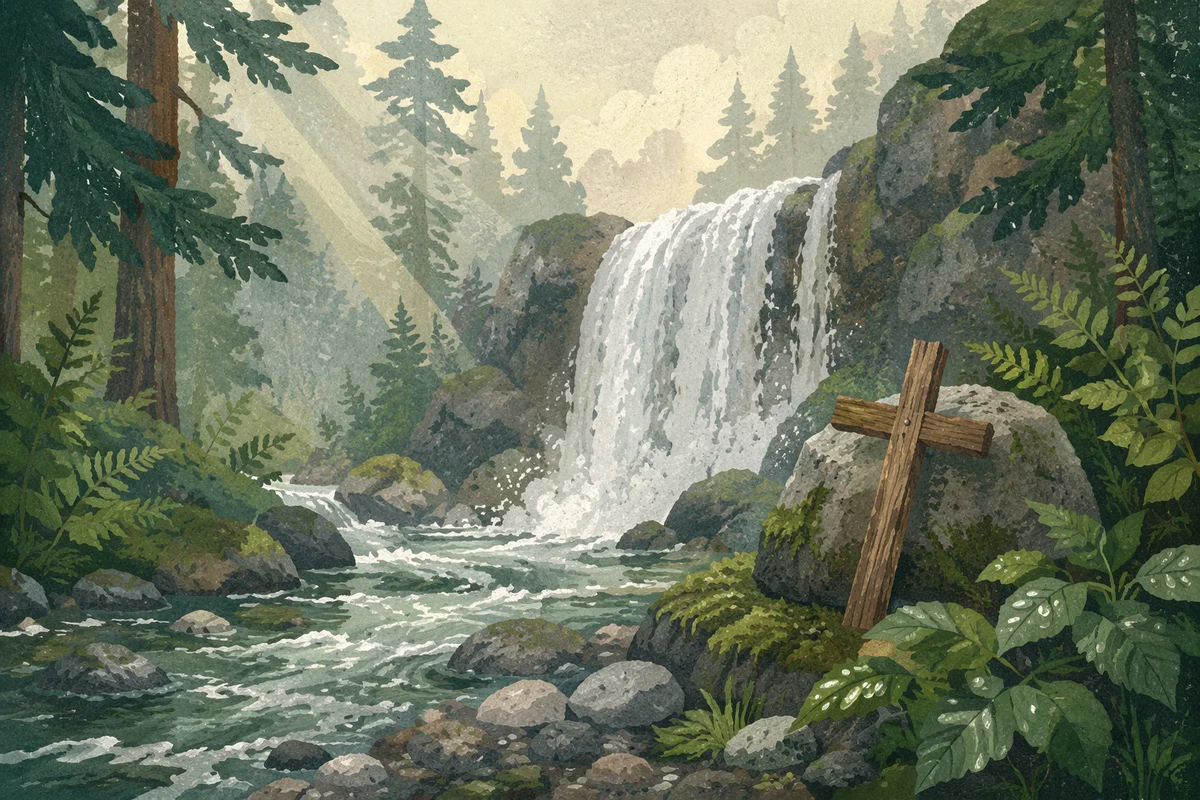 Evergreen Forest Waterfall with Wooden Cross