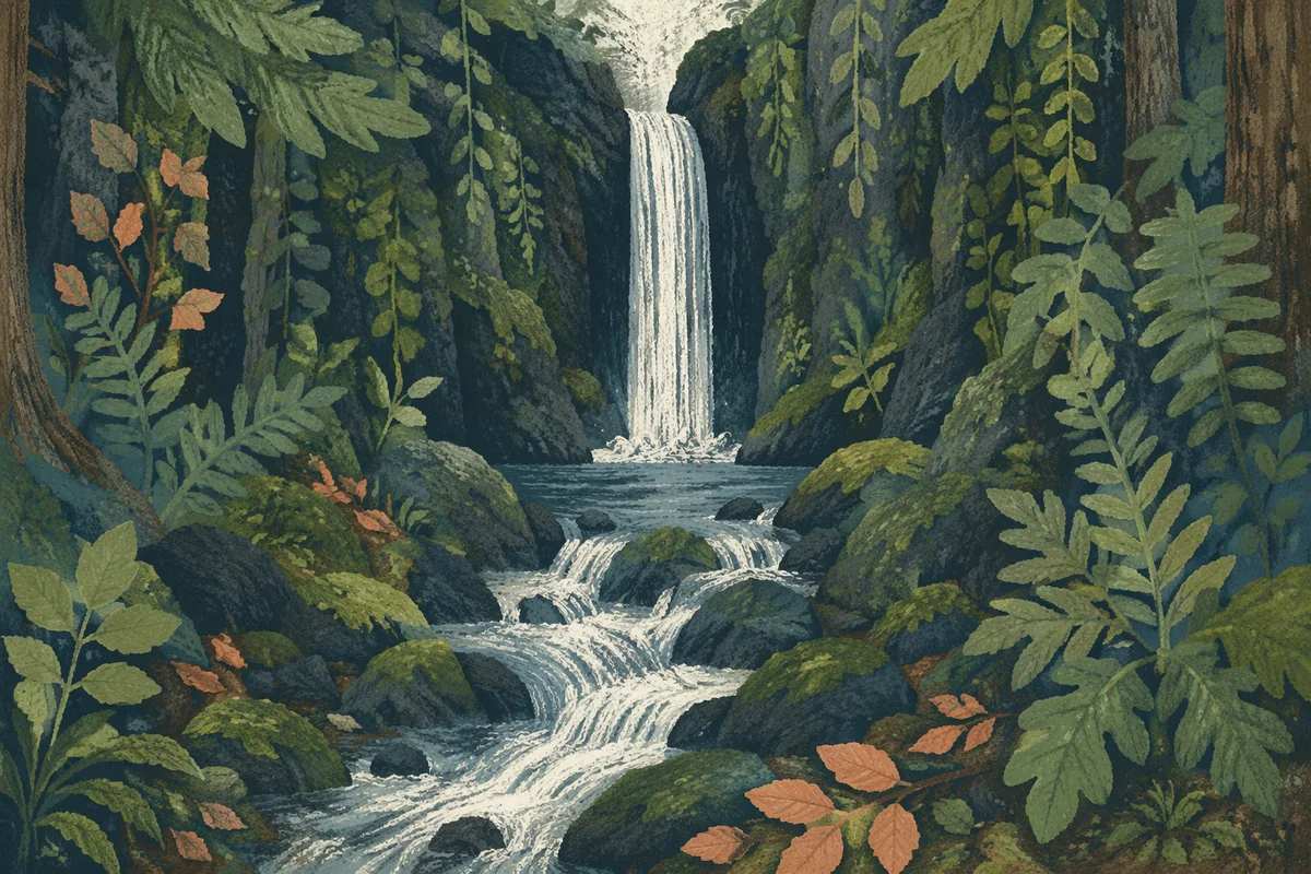 Hidden Waterfall in Evergreen Forest Gorge