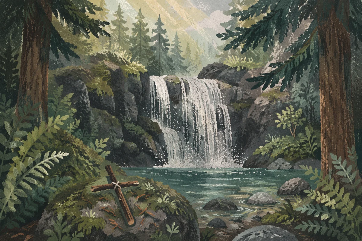 Evergreen Forest Waterfall with Twig Cross