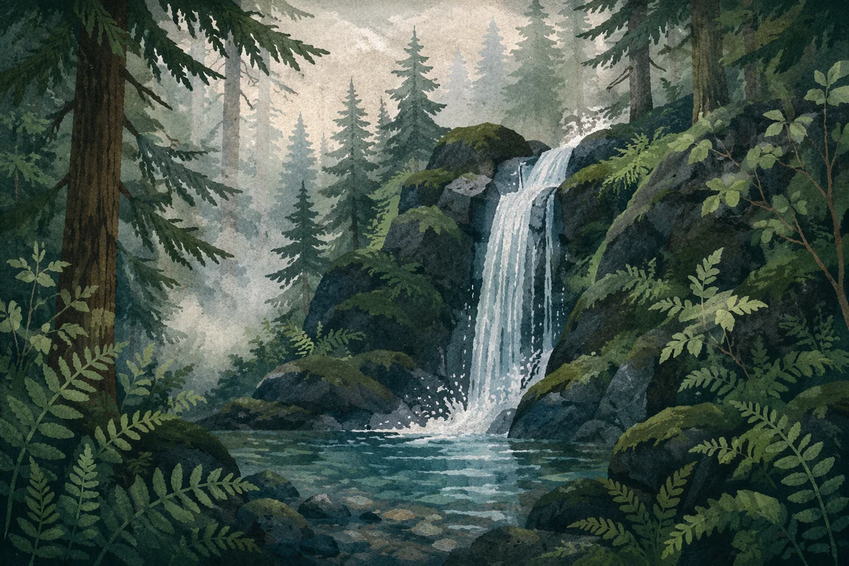 Misty Waterfall in Evergreen Forest