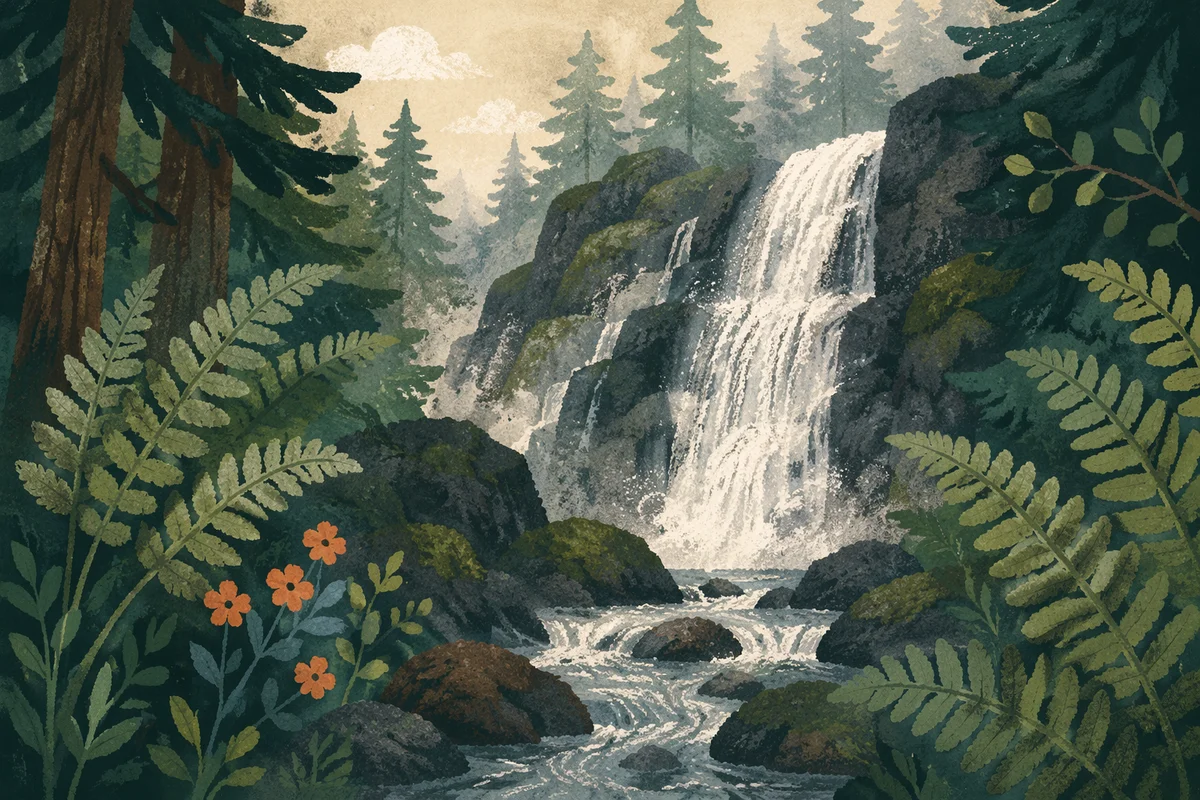 Misty Waterfall in Evergreen Forest