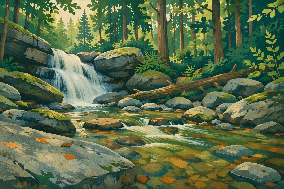 Peaceful Waterfall in Evergreen Forest