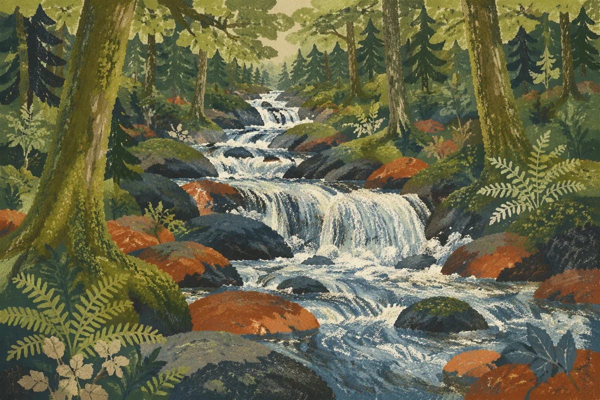 Peaceful Waterfall in Evergreen Forest