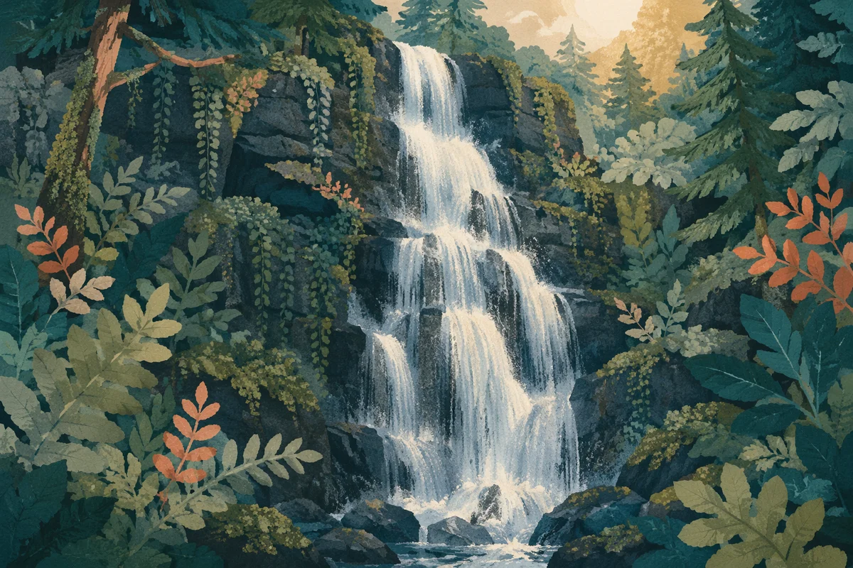 Evergreen Forest Waterfall in Folk Art Style