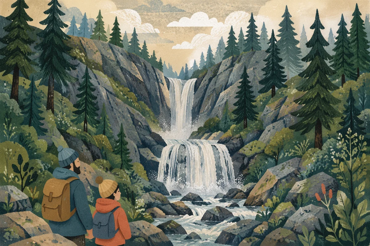 Evergreen Forest Waterfall in Mountain Ravine
