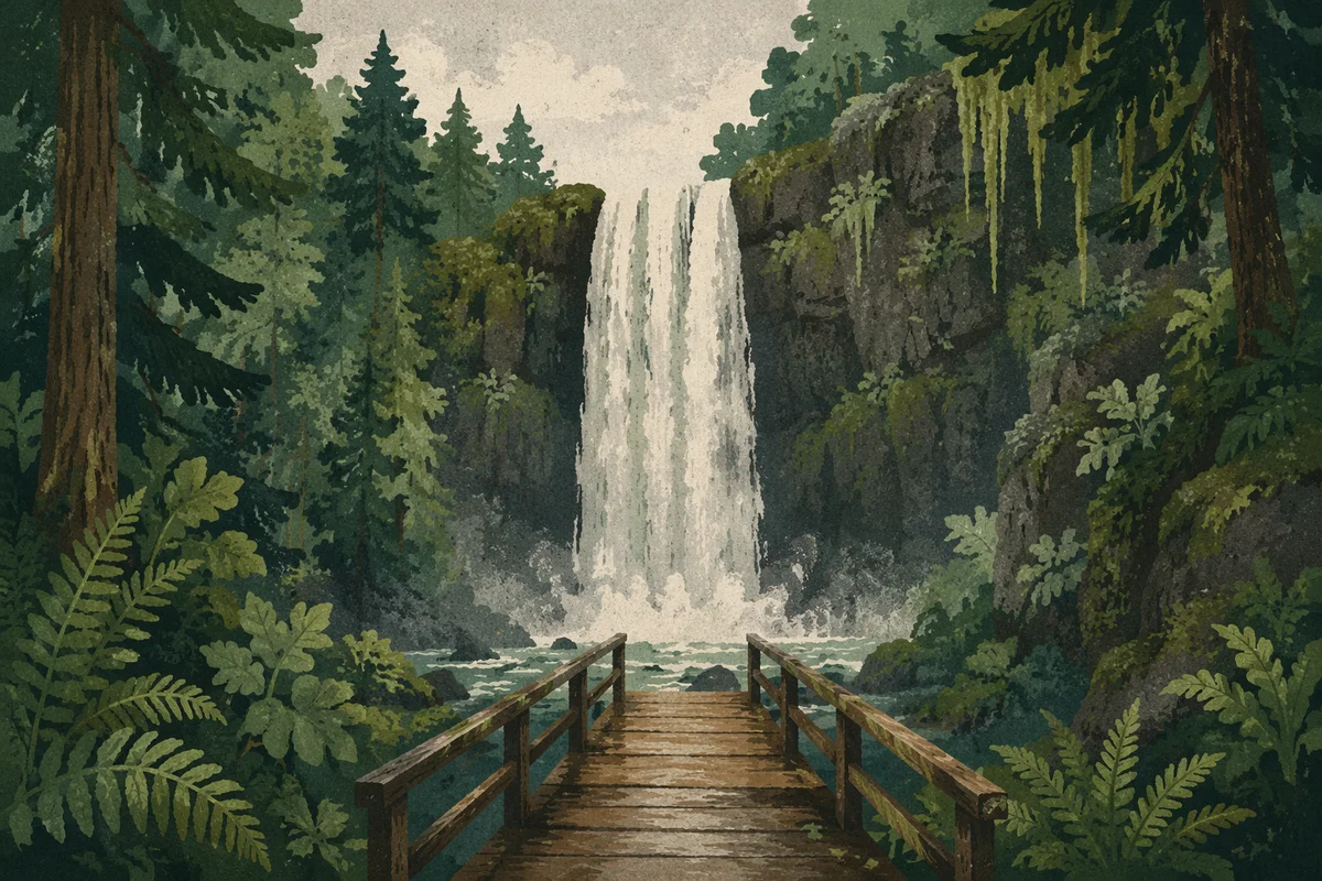 Evergreen Forest Waterfall and Misty Footbridge