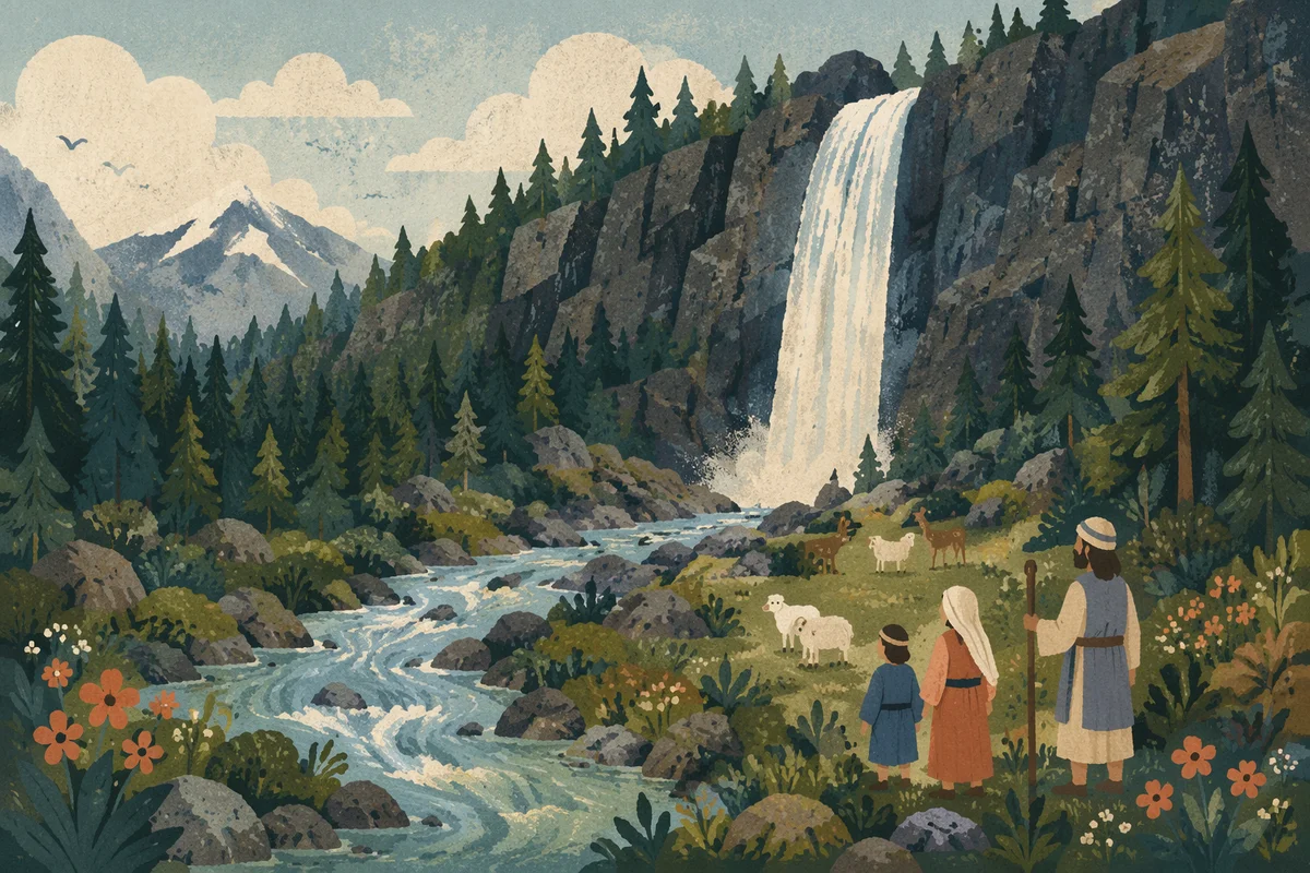 Evergreen Waterfall Valley With Glacial River