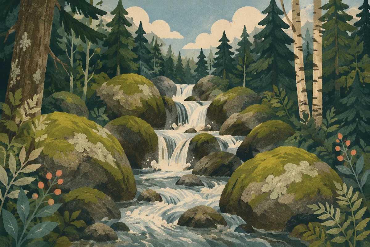 Evergreen Forest Waterfall with Mossy Boulders