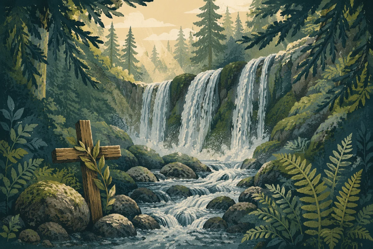 Evergreen Forest Waterfall With Wooden Cross