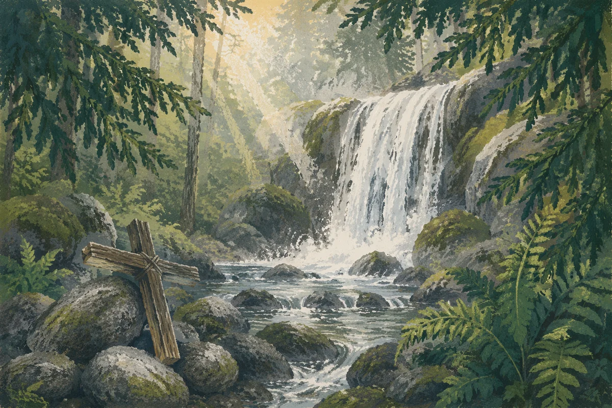 Hidden Evergreen Waterfall with Wooden Cross