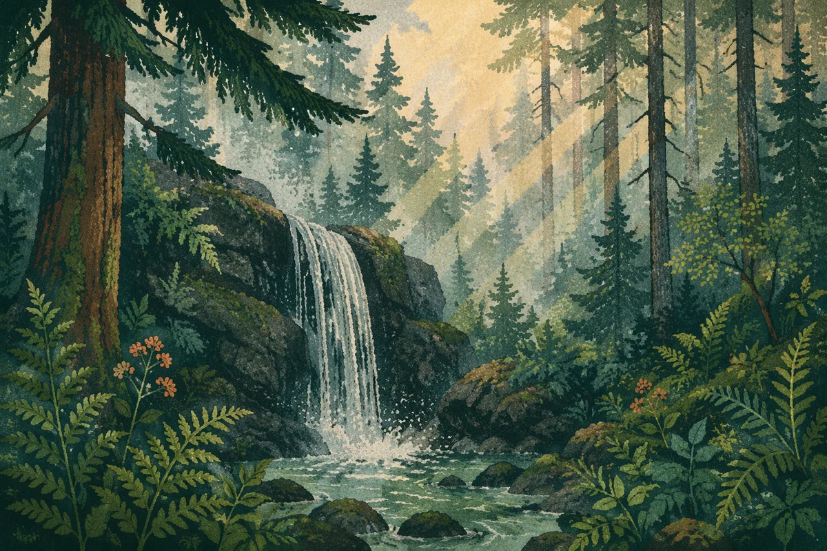 Peaceful Evergreen Waterfall in Morning Mist