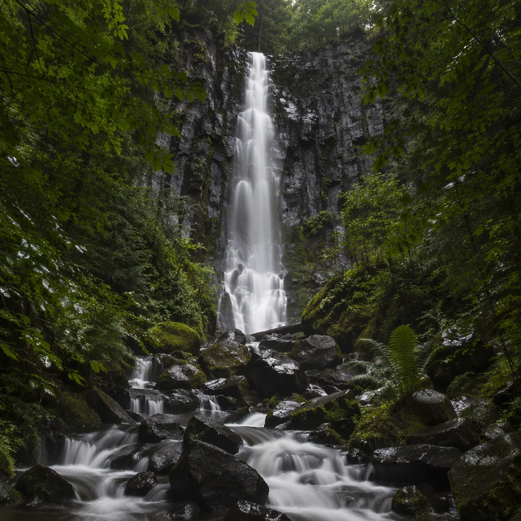 Misty Waterfall in Evergreen Rainforest