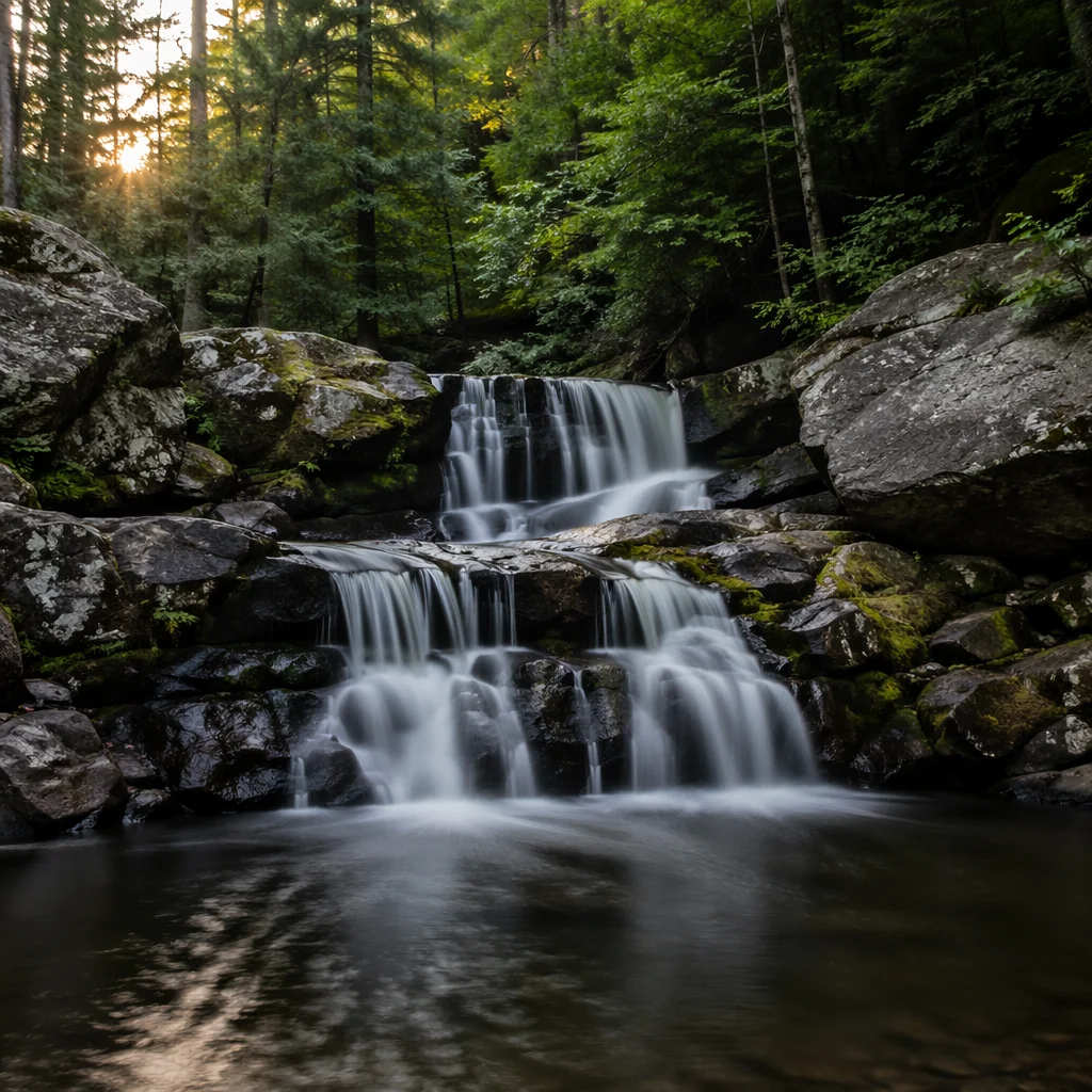 Evergreen Forest Waterfall at Sunset