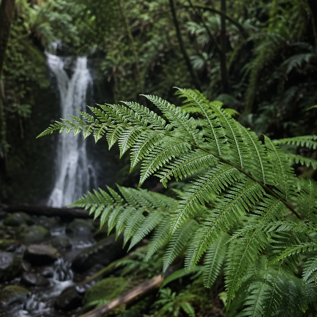 Misty Evergreen Forest Waterfall Through Ferns