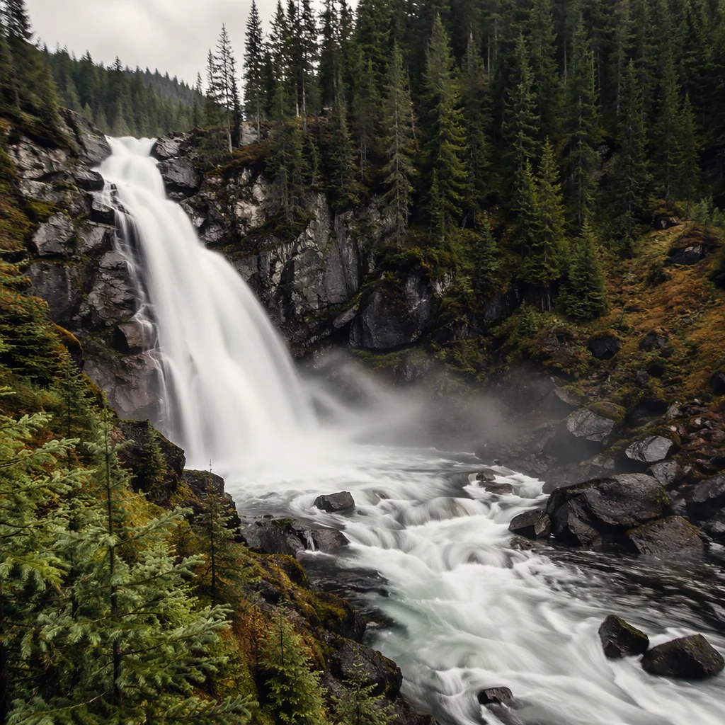 Evergreen Forest Waterfall in Morning Mist