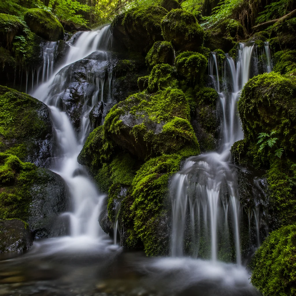 Serene Mossy Waterfall in Evergreen Forest