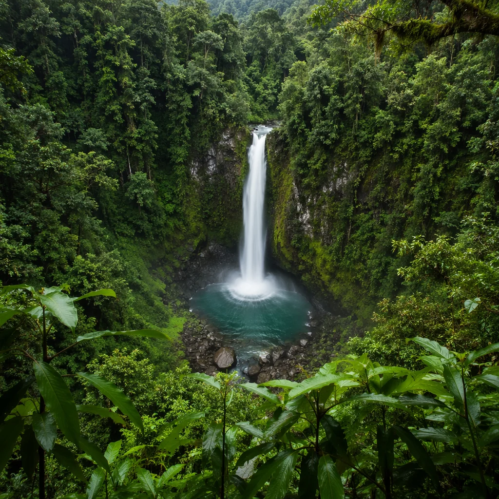 Serene Waterfall in Evergreen Rainforest