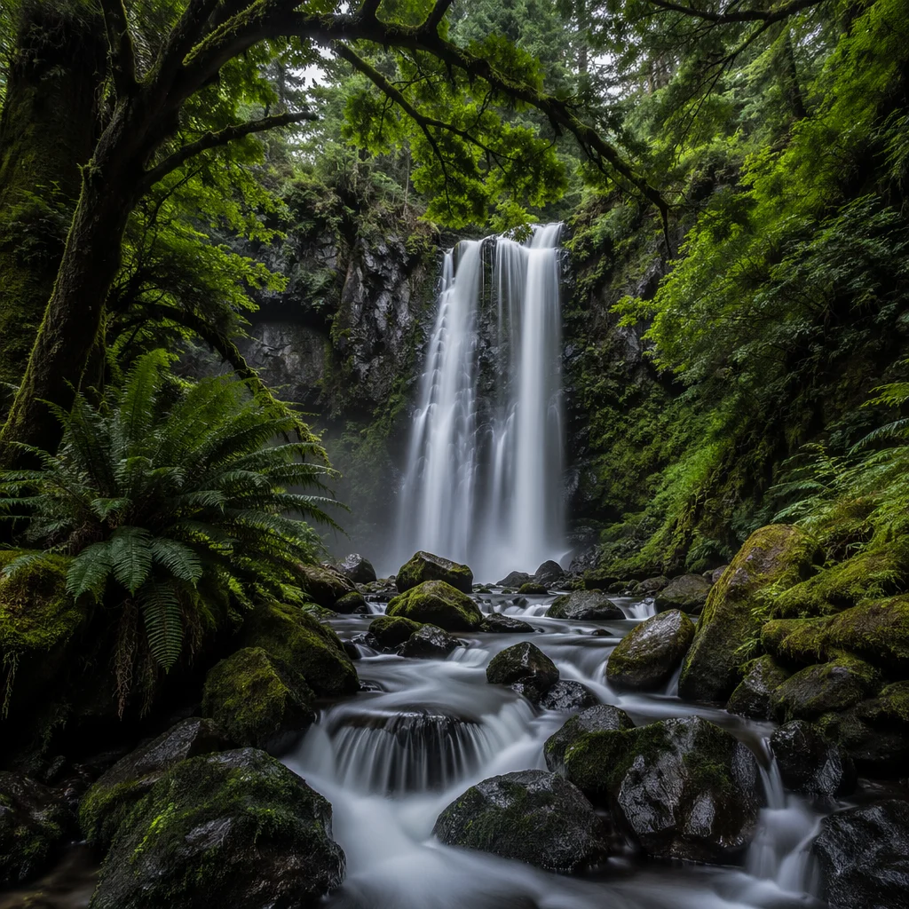 Secluded Waterfall in Evergreen Forest