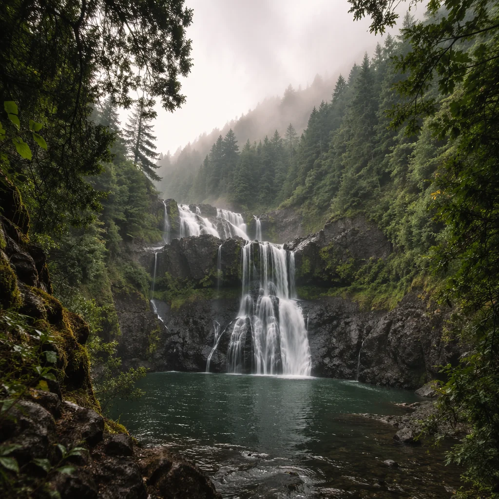 Evergreen Rainforest Waterfall with Misty Canyon